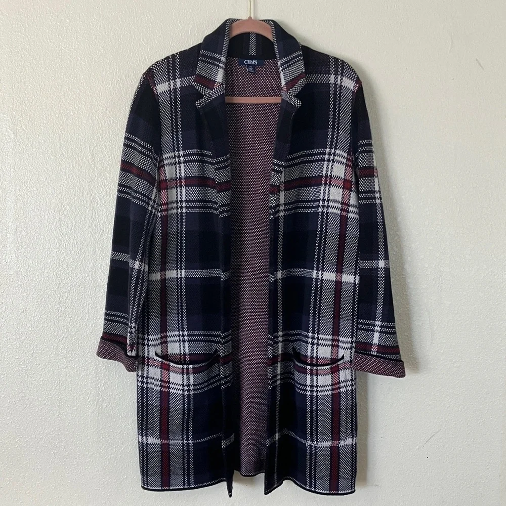 Chaps Knit Plaid Cardigan Sweater Jacket, L